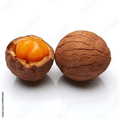 Close-up of a vibrant snake fruit, also known as Salak, split open to reveal its juicy, golden flesh, isolated on a pure white background