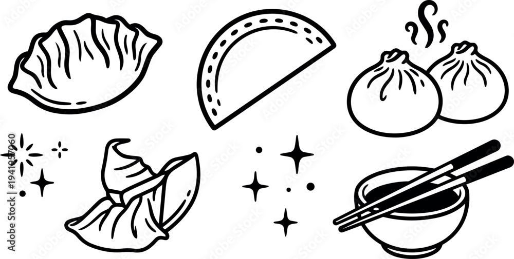 Obraz premium Black and white line art dumplings pierogi bao steamed buns chopsticks and dipping sauce vector line icons