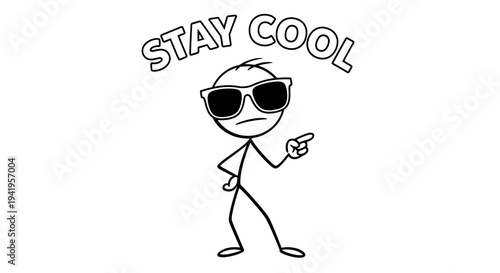 Cool Stick Figure Man Wearing Sunglasses and Pointing Finger with "Stay Cool" Message on Isolated White Background