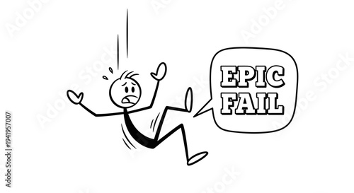 Stick Figure Man Falling Down with "Epic Fail" Speech Bubble Expressing Shock on Isolated White Background