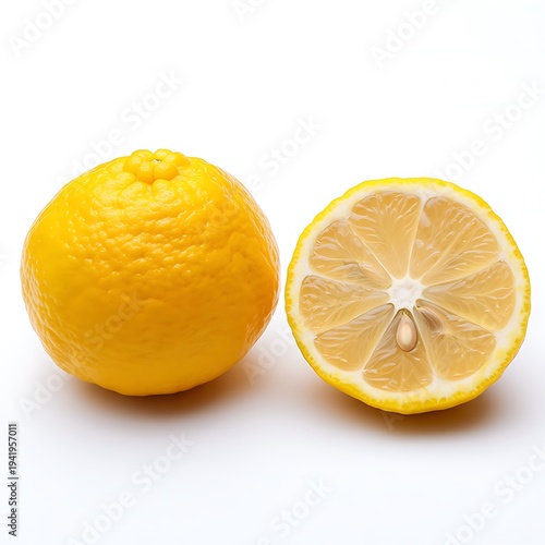 Vibrant yellow yuzu fruits, one whole and one neatly halved, displaying their characteristic rough, dimpled rind and bright, juicy pulp with visible seeds, captured in a clean studio shot