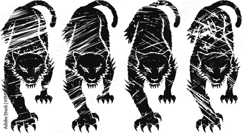 black tiger silhouette in four progressive grunge textures wild feline predator stalking or attacking pose