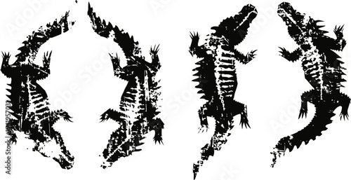black silhouettes of crocodiles in various poses isolated on white background