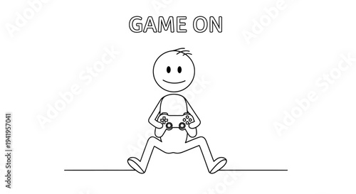 Stick Figure Sitting and Playing Video Games with a Controller in "Game On" Mode on an Isolated White Background.