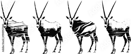 set of four stylized antelope silhouettes with elongated horns, abstract wildlife animal design