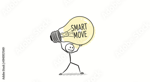 Stick Figure Holding a Glowing Light Bulb with "Smart Move" Text, Symbolizing an Idea or Solution, on an Isolated White Background.