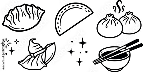 Black and white line art dumplings pierogi bao steamed buns chopsticks and dipping sauce vector line icons