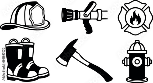 Black and white vector icons firefighter helmet fire hose nozzle fire emblem boots axe and hydrant simple design