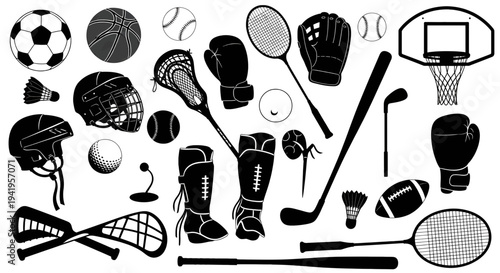 Collection of various sports equipment and balls on white background soccer football basketball baseball golf