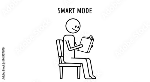 Stick Figure Sitting on a Chair Reading a Book in "Smart Mode" on an Isolated White Background.