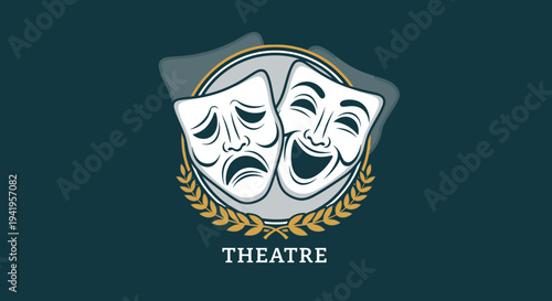 Comedy and Tragedy Theatrical Masks Adorned with a Laurel Wreath, Representing "Theatre" on a Dark Blue Background.