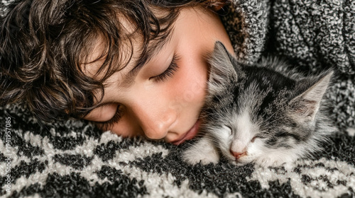 A kid playing with a kitten...