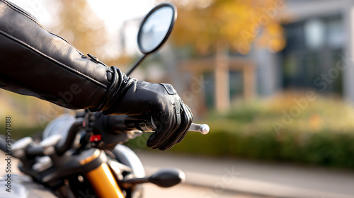 Close-up of a biker's gloved hand holding the handlebar of a motorcycle, with blurred autumn background.
