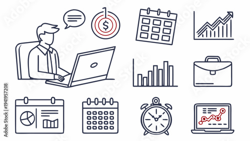 Set of 9 business icons vector, finance, office, productivity