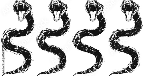 menacing snake illustration set with open mouth and fangs, vintage black and white reptile design