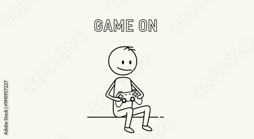 Happy Stick Figure Man Playing Video Games with Controller and "Game On" Text, in Bright Studio.
