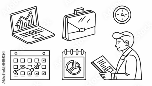 Set of 6 business icons vector, including laptop, briefcase, calendar, and man analyzing data
