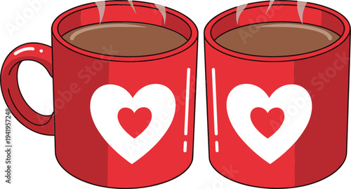 Red coffee mugs with heart symbol filled with hot drink, romantic couple cups for love, Valentine celebration and cozy coffee break illustration