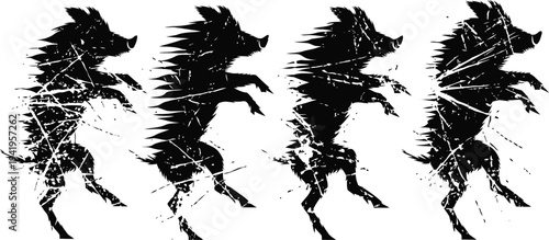 wild boar silhouette set in dynamic running poses with grunge scratch effects