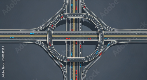 Aerial View of a Complex Highway Interchange with Circular Ramps.