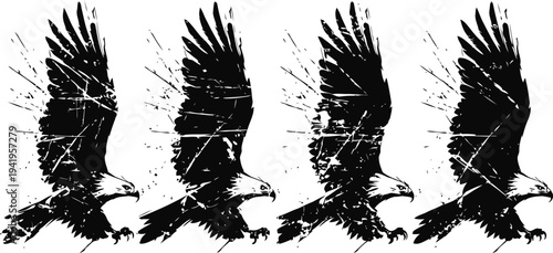 black eagle silhouette with grunge texture, wings spread in dynamic flying poses, majestic bird of prey design
