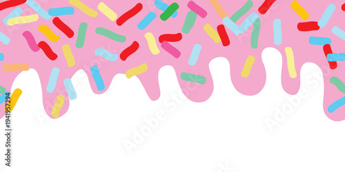 Donut icing with colorful sprinkles vector illustration. Endless decorative border with dripping glaze effect. Sweet dessert ornament for greeting cards and bakery
