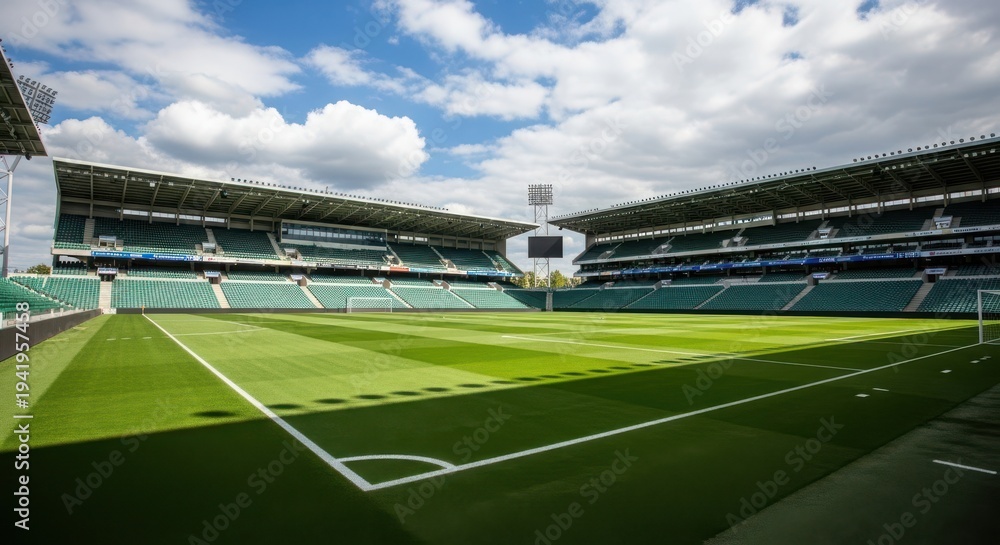 Fototapeta premium A well-maintained soccer stadium with lush green grass and empty stands on a sunny day.