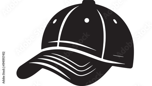 Cap baseball silhouette with curved brim and stitched detail, isolated on a white background. featuring hat, icon, symbol with headwear and apparel