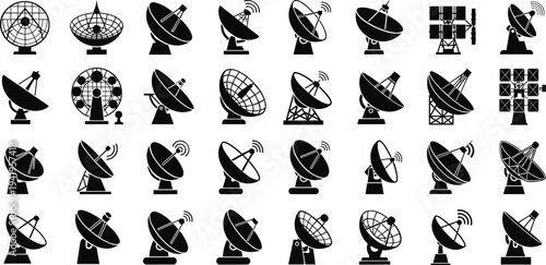 Collection of various satellite dishes and antennas for communication technology