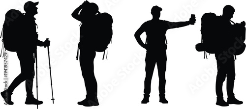 Hiker backpacker silhouette set taking selfie and trekking isolated on white background, outdoor adventure travel exploration concept illustration