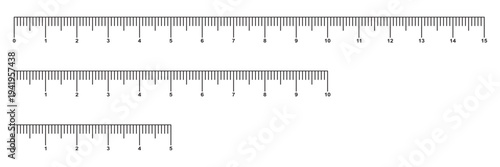 Ruler scale with markings and numbers in centimeters and millimeters units, measuring metric scale. Measuring chart 5, 10, 15 inches set. Ruler scales eight, ten, twelve, fourteen inch. Sewing tool