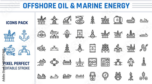 Offshore Oil and Marine Energy Outline Vector Icon Set — Oil Platform, Sea Engineering and Ocean Energy Production Icons