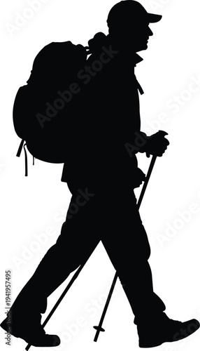 Hiker walking silhouette with backpack and trekking poles isolated on white background, outdoor adventure travel hiking activity concept illustration