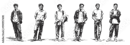 Young casual students modern youth people characters. Trendy teenagers with backpack and relaxed outfits standing. Ink line drawing style hand drawn illustration, background for education design.