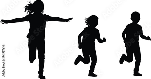 Kids running and playing silhouette set, happy children jumping and running isolated on white background, playful childhood activity concept illustration