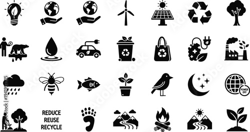 Eco friendly icons for sustainable living and environmental conservation