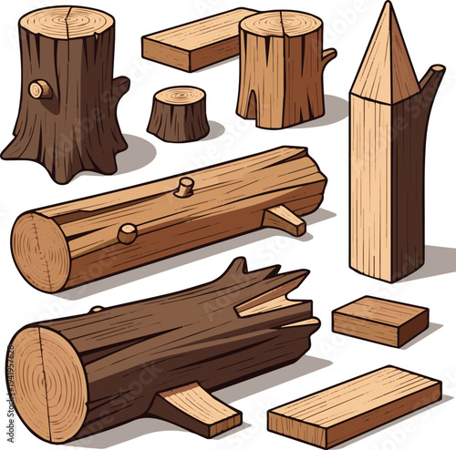 Set of wooden boards. Cartoon wood logs. Wooden log, timber and trunks. Building industries, natural eco materials vector art with white background