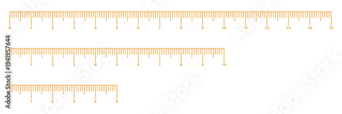 Ruler scale with markings and numbers in centimeters and millimeters units, measuring metric scale. Measuring chart 5, 10, 15 inches set. Ruler scales eight, ten, twelve, fourteen inch. Sewing tool