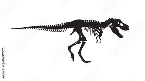 Tyrannosaurus Rex skeleton silhouette on white background, a prehistoric predator's fossilized remains depicted in stark black