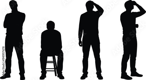 Man thinking silhouette set, male person standing and sitting confused isolated on white background, decision problem concept illustration