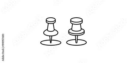 Collection of pushpin icons, simple line art illustrations on white background representing office supplies or creative tools for design projects