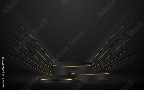 Black podium with elegant gold lines for the best awards or product display. stage or podium. vector illustration