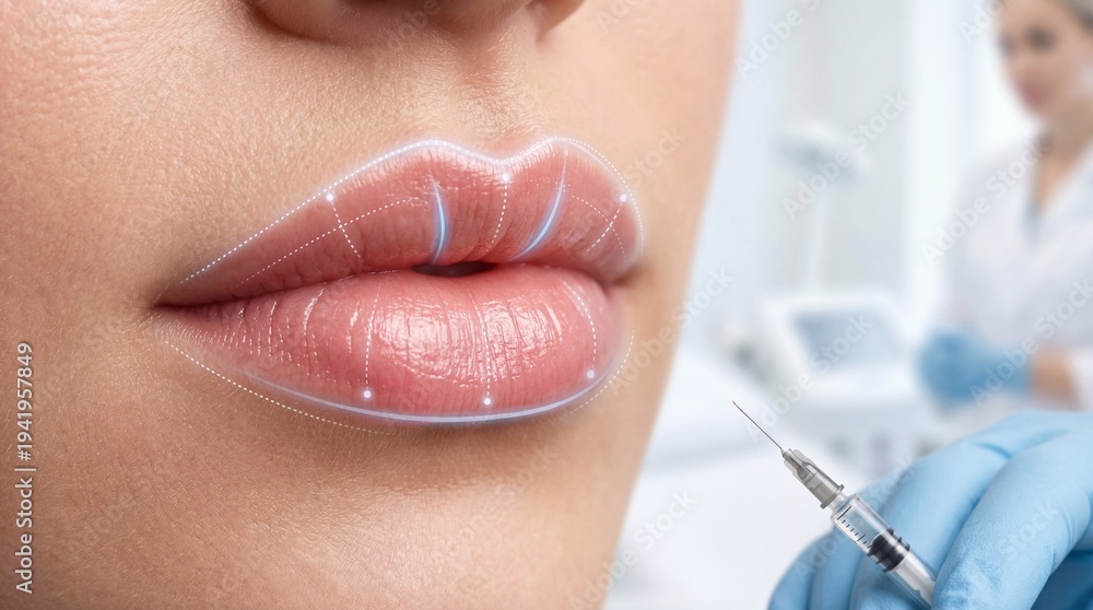 Fototapeta premium Lips augmentation preparation showing dermal filler injection