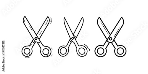 Set of three outline style scissors icon showing open blades. cutting tool or hairdressing equipment vector illustration for design