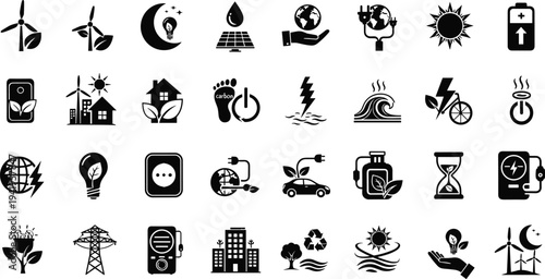 Eco friendly icons for sustainable living and renewable energy solutions