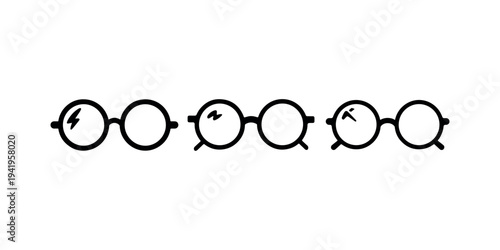Set of round glasses icons on white background representing vision correction optics eyewear frames for nerdy look classic spectacles minimalist graphics