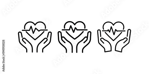 Heart health care icons with hands and heartbeat line representing medical support cardiology insurance wellness protection and life saving assistance design