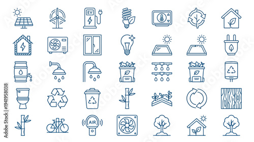 Minimalist line art icons set of home energy eco sustainability and recycling symbols vector illustration