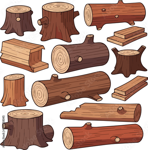 Create a Cartoon wood logs. Wooden log, timber and trunks. Building industries, natural eco materials vector art with white background