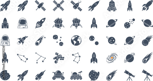 Space exploration with rockets and planets in dark blue icons